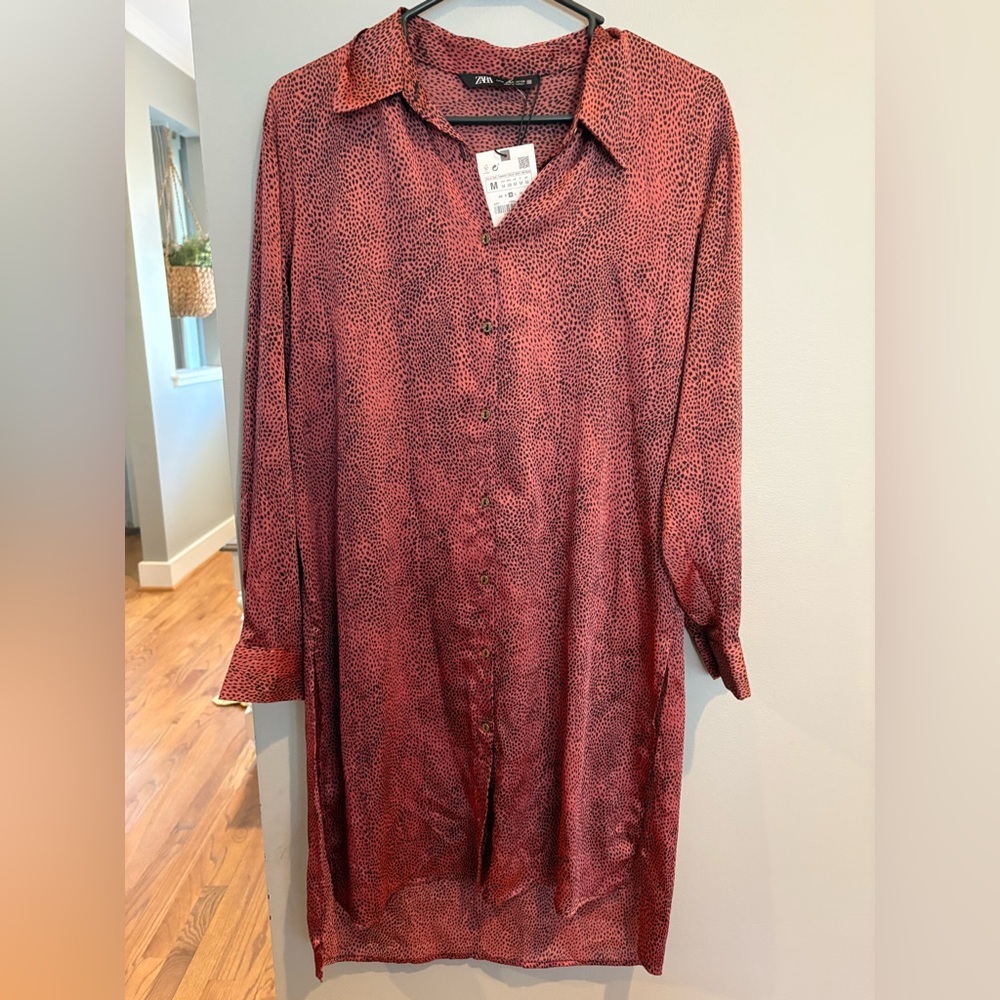 🍀Zara Womens Burnt Orange and Black Patterned Button Down duster